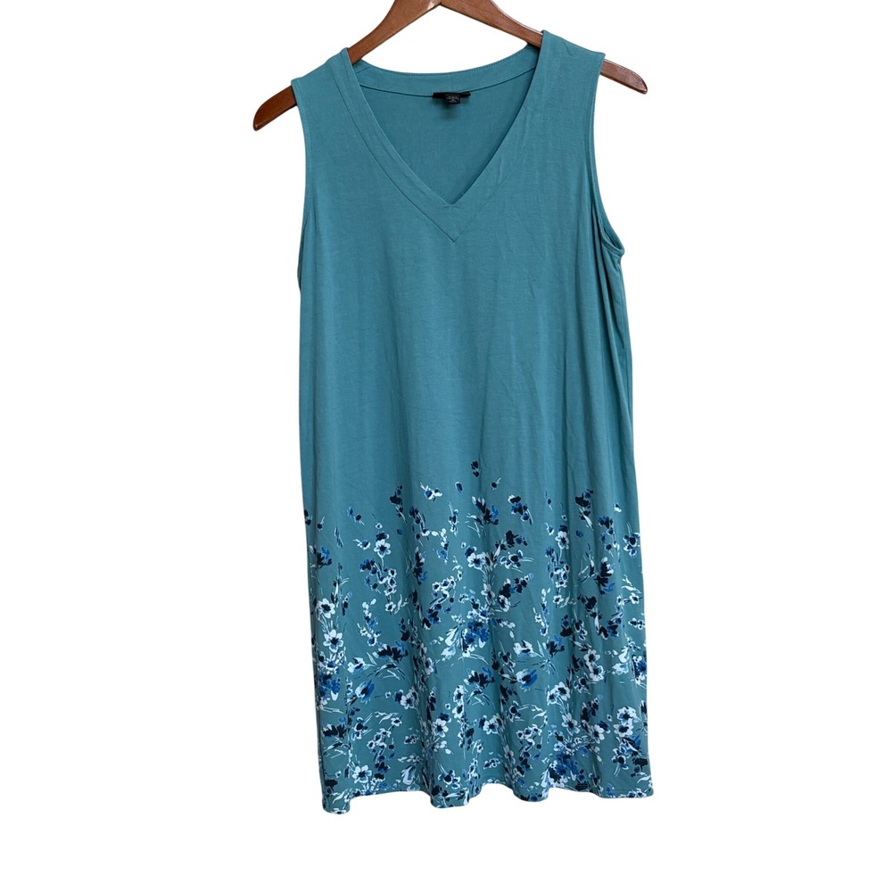 J. Jill Wearever Collection Sleeveless Floral V-Neck Dress Teal Blue M Petite - Picture 2 of 6